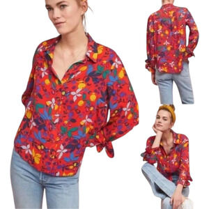 Anthropologie MAEVE Blithe Button Down Shirt Red Fruit Floral Challis